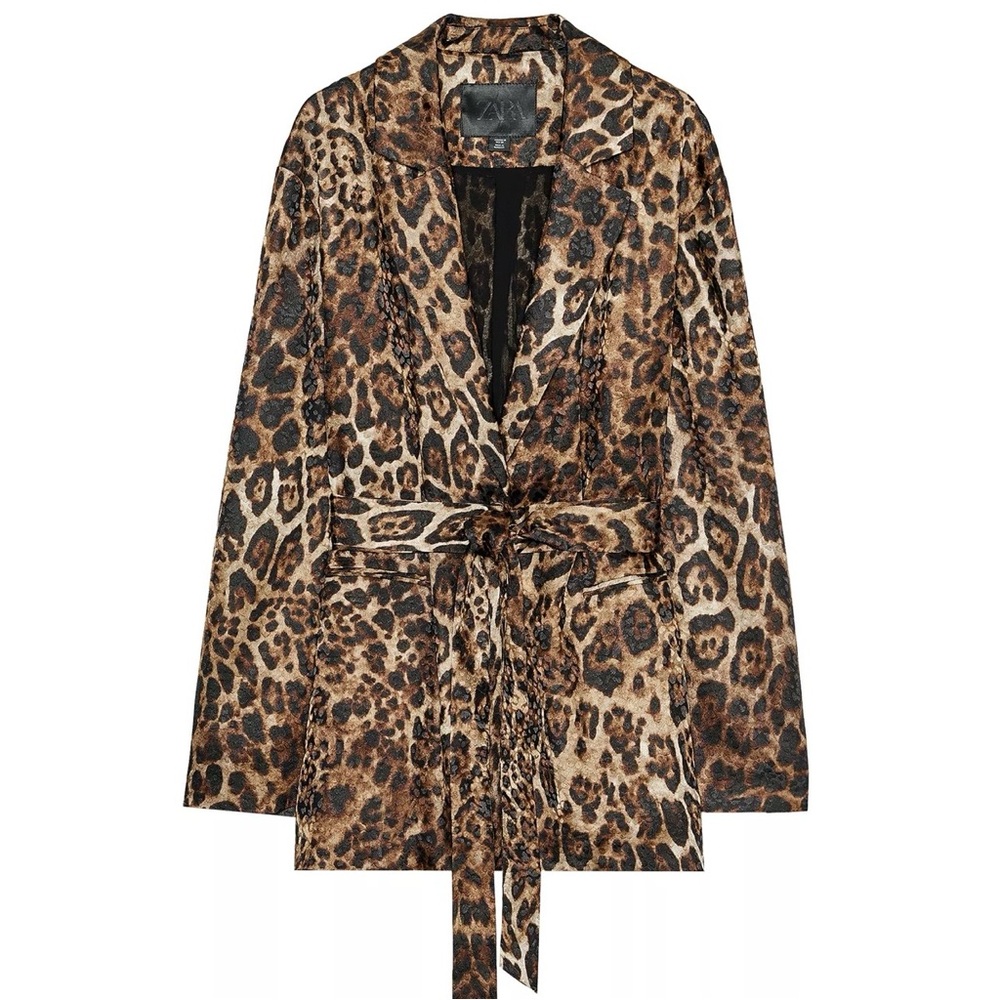 Zara Satin Leopard Print Tie-Waist Jacket - Brown/Black